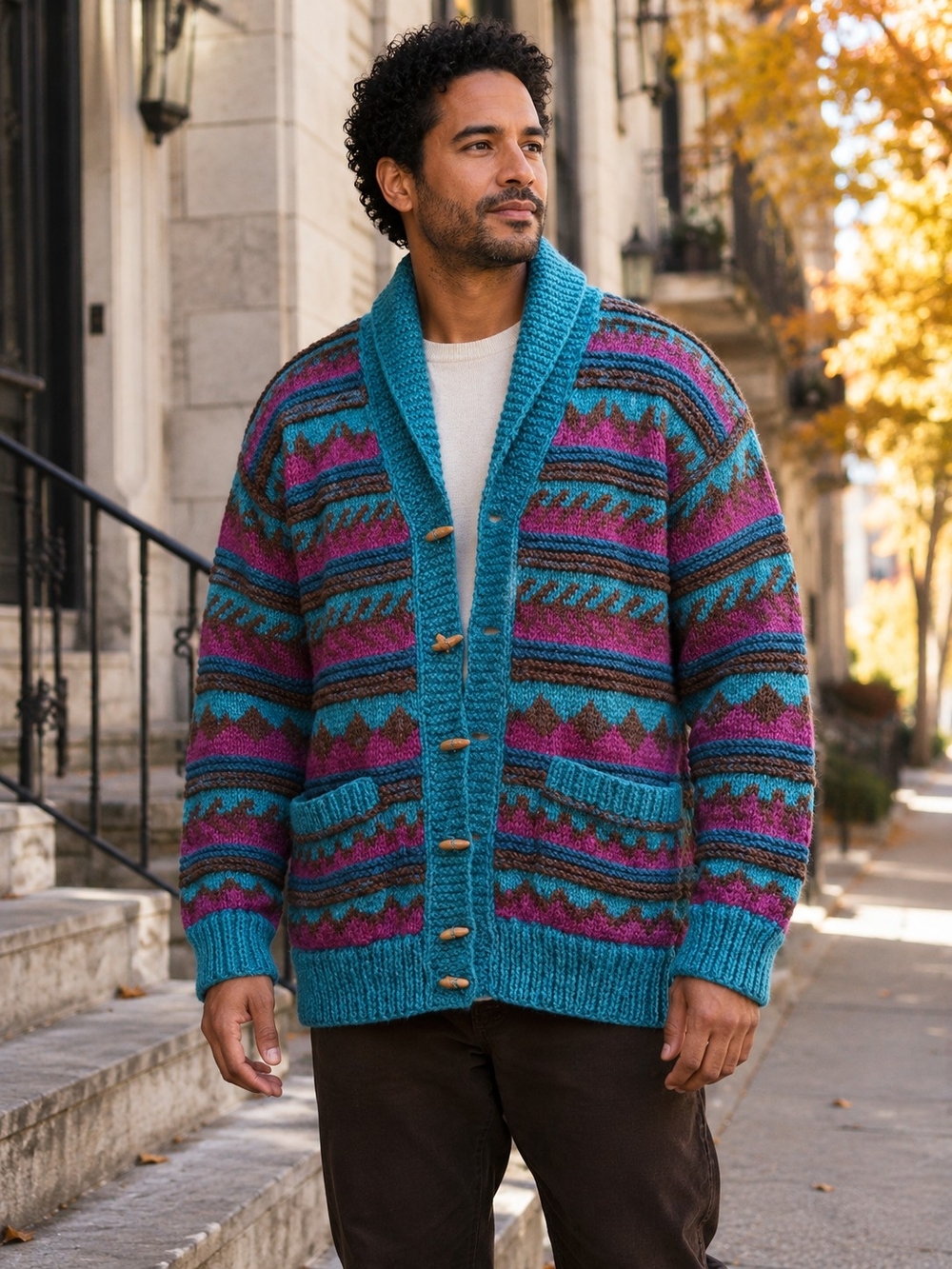 Lost Horizons Himalayan Wool Cardigan Men's L Nepal Hand Knit Geometric